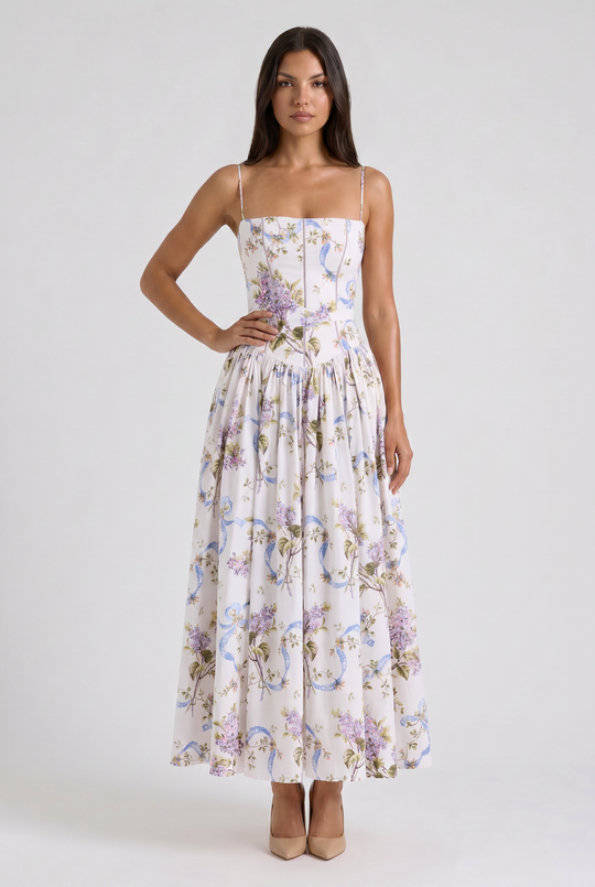 Women's Floral Corset Midi Dress with Gathered Skirt
