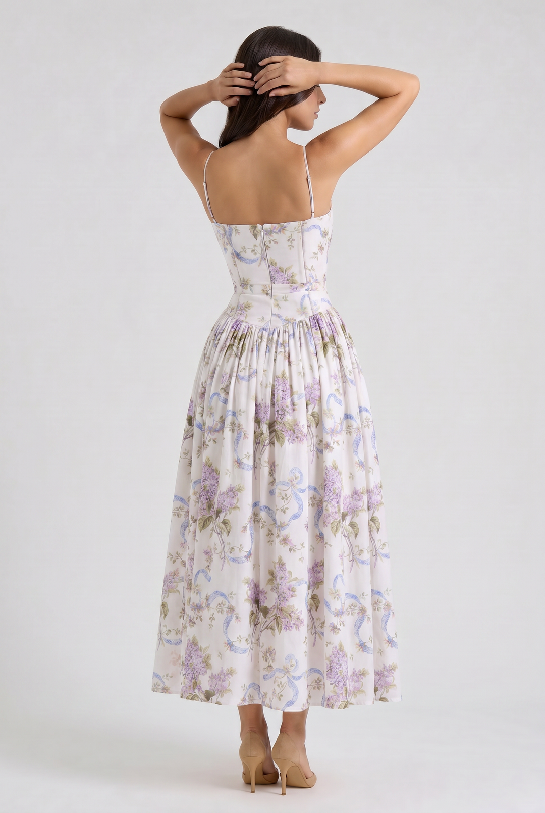 Women's Floral Corset Midi Dress with Gathered Skirt