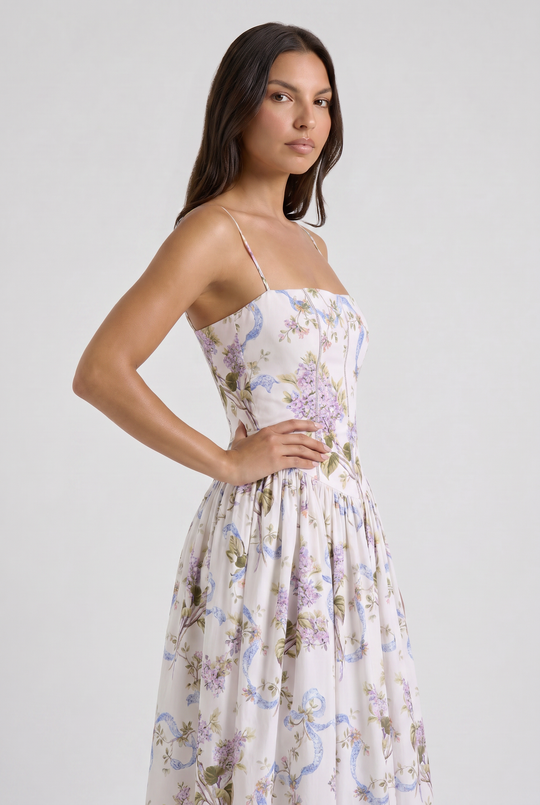 Women's Floral Corset Midi Dress with Gathered Skirt