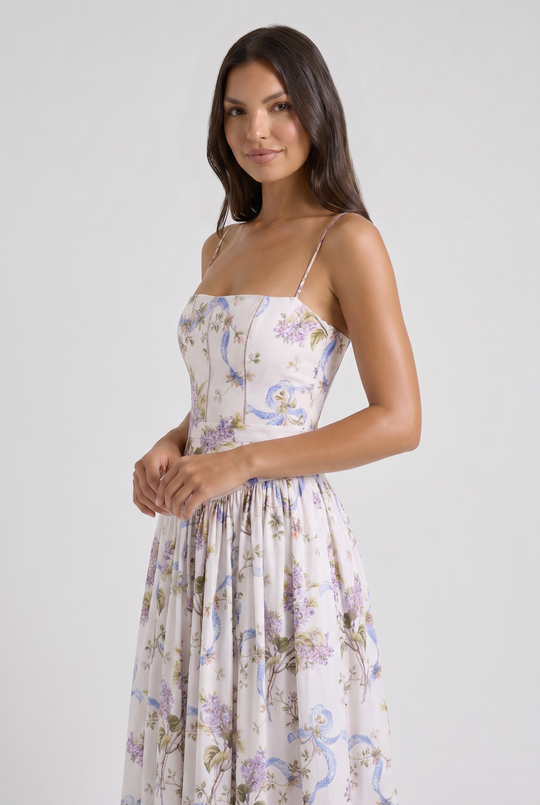 Women's Floral Corset Midi Dress with Gathered Skirt