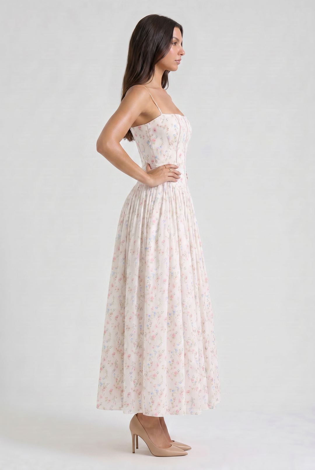 Women's Floral Corset Midi Dress with Gathered Skirt