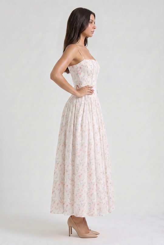 Women's Floral Corset Midi Dress with Gathered Skirt