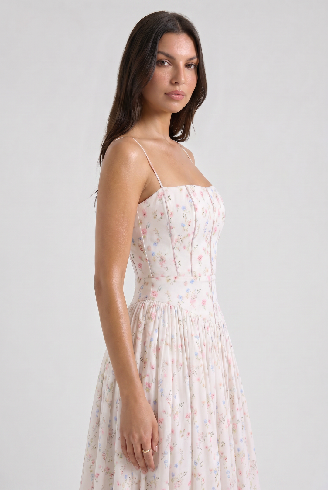 Women's Floral Corset Midi Dress with Gathered Skirt