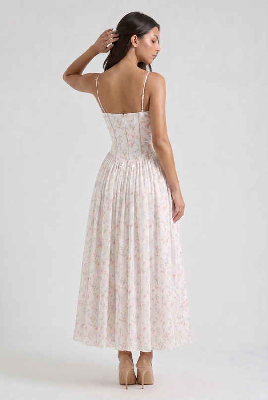 Women's Floral Corset Midi Dress with Gathered Skirt
