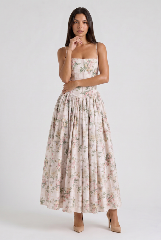 Women's Floral Corset Midi Dress with Gathered Skirt