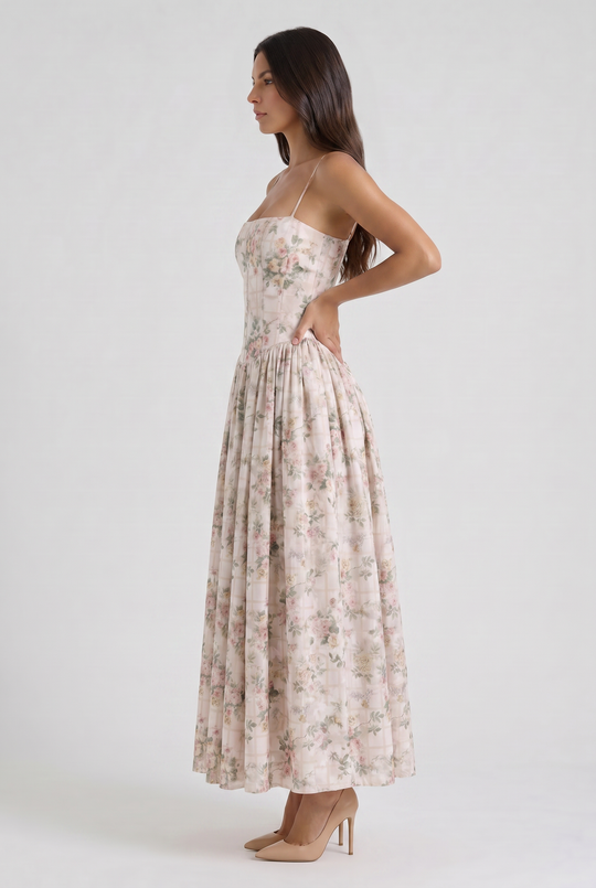 Women's Floral Corset Midi Dress with Gathered Skirt