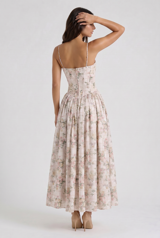 Women's Floral Corset Midi Dress with Gathered Skirt