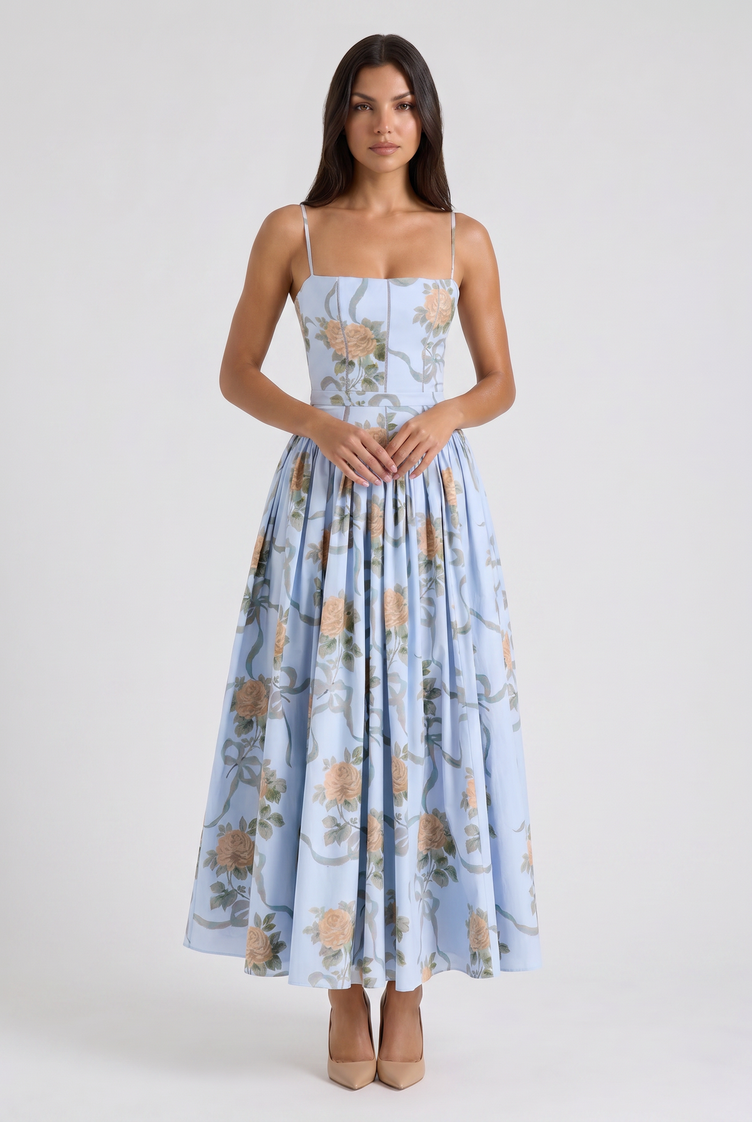 Women's Floral Corset Midi Dress with Gathered Skirt