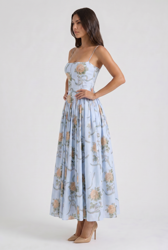 Women's Floral Corset Midi Dress with Gathered Skirt