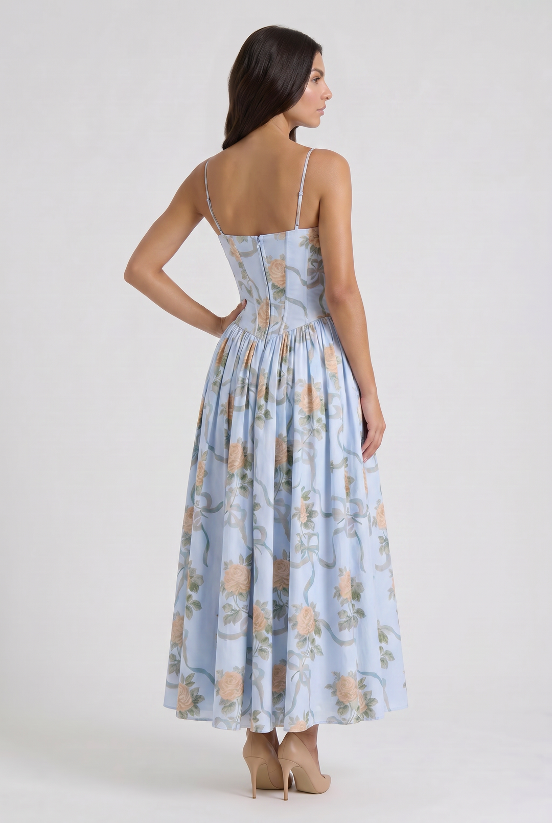 Women's Floral Corset Midi Dress with Gathered Skirt