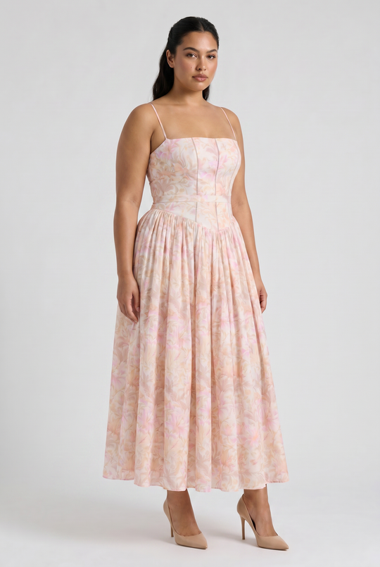 Women's Floral Corset Midi Dress with Gathered Skirt