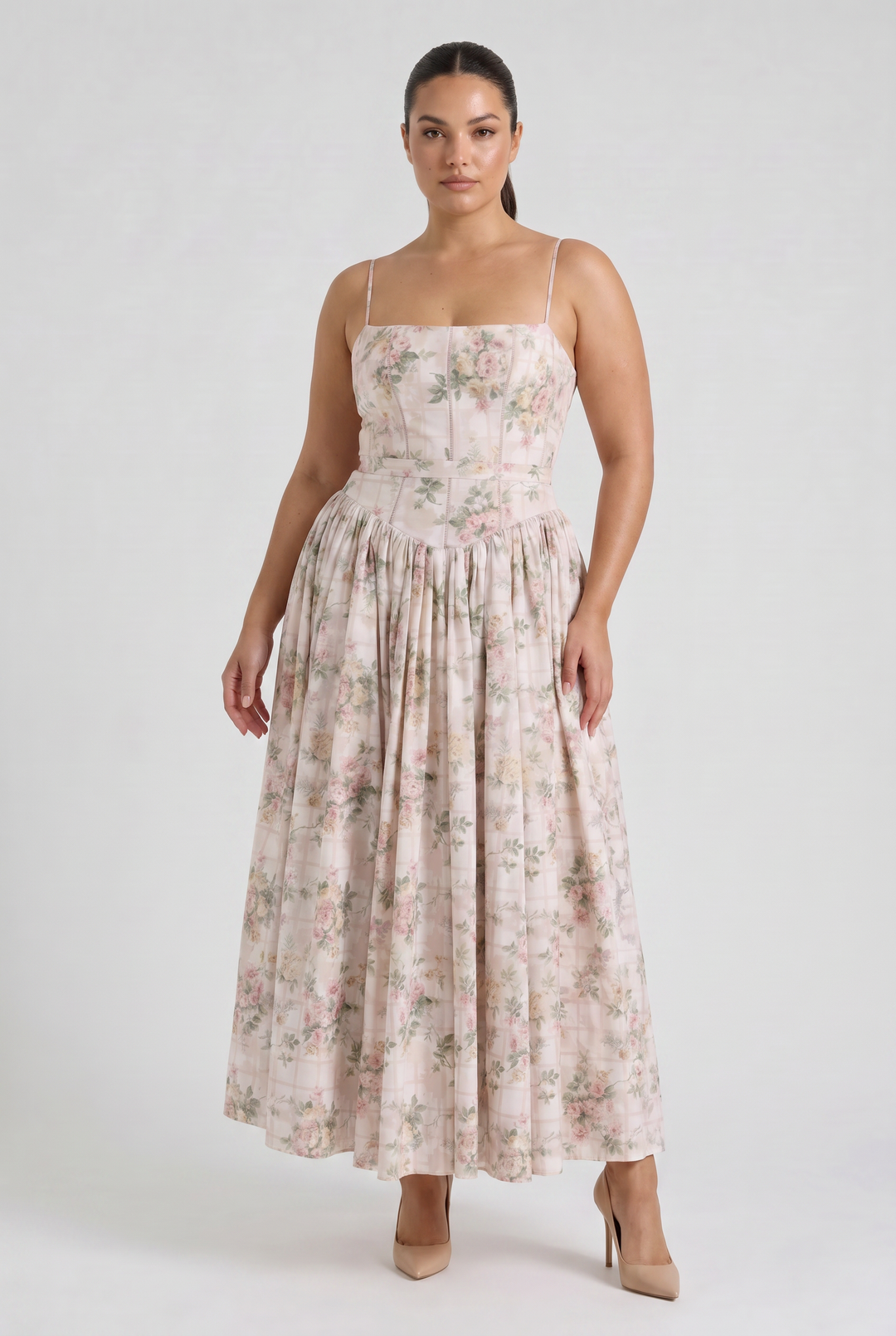 Women's Floral Corset Midi Dress with Gathered Skirt