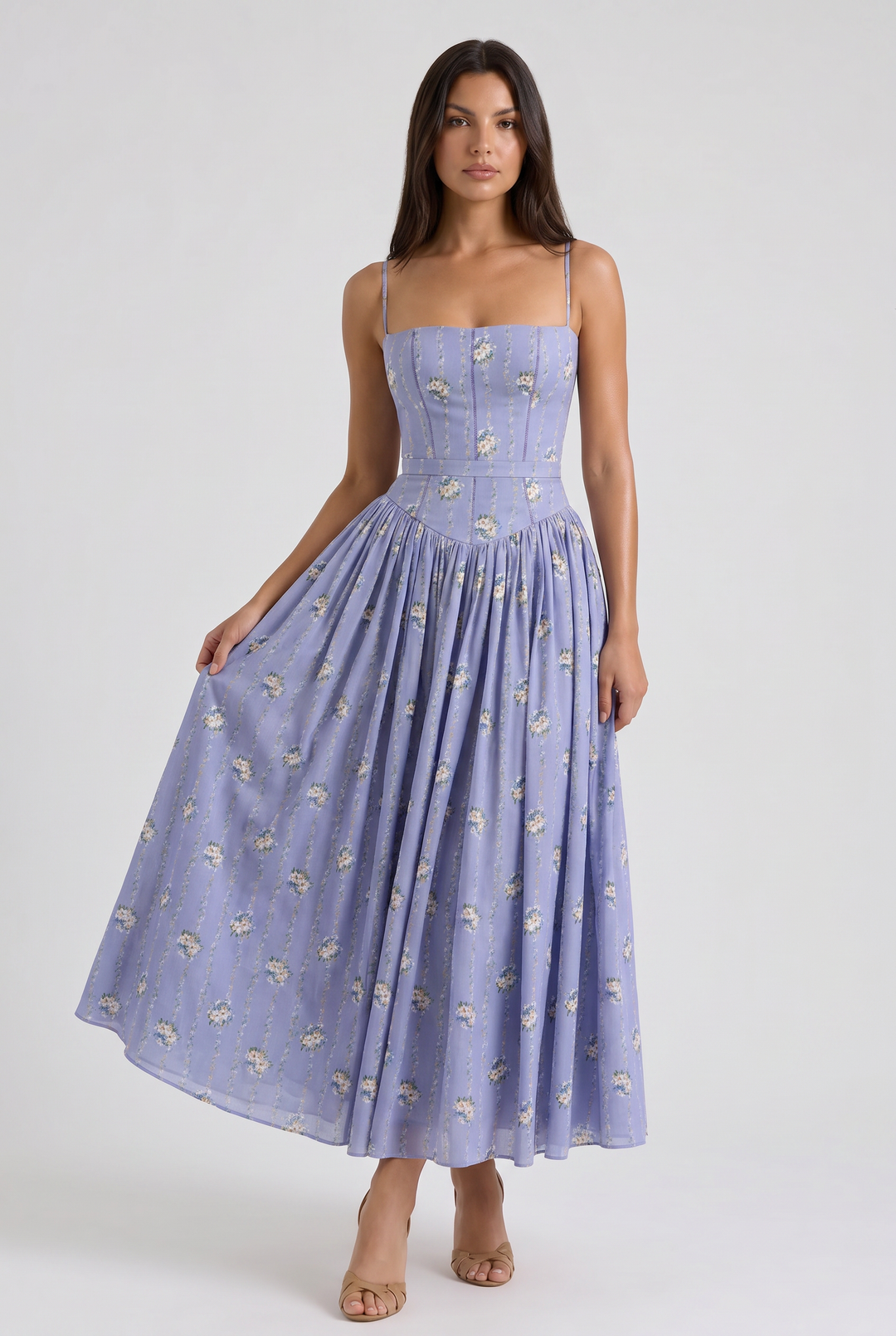 Women's Floral Corset Midi Dress with Gathered Skirt