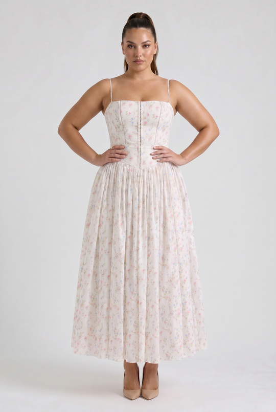 Women's Floral Corset Midi Dress with Gathered Skirt