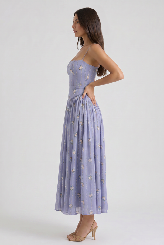 Women's Floral Corset Midi Dress with Gathered Skirt