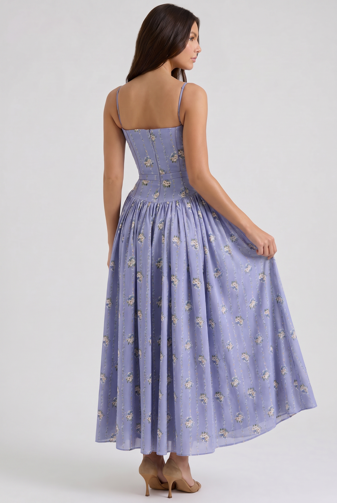 Women's Floral Corset Midi Dress with Gathered Skirt