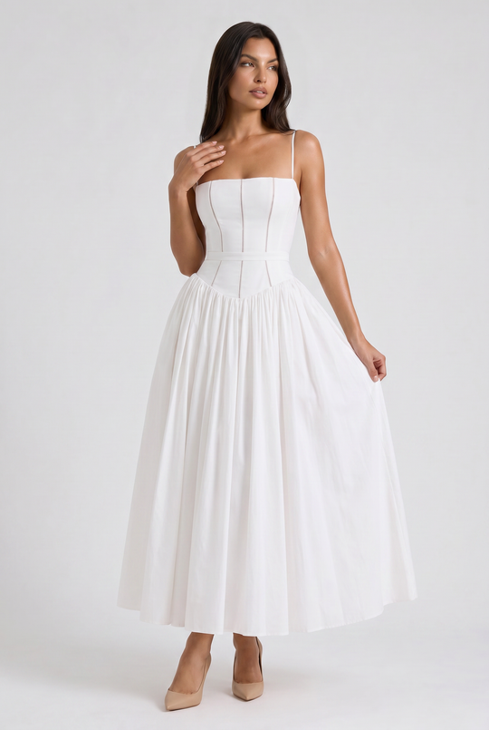 Women's Floral Corset Midi Dress with Gathered Skirt