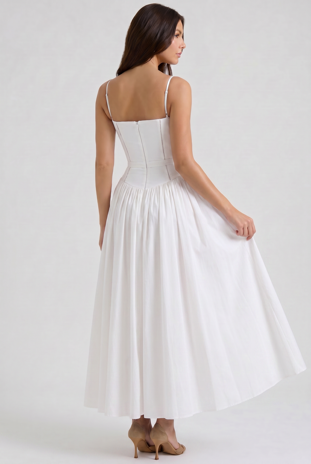 Women's Floral Corset Midi Dress with Gathered Skirt