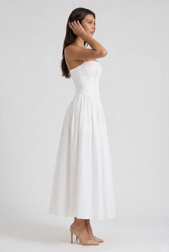 Women's Floral Corset Midi Dress with Gathered Skirt
