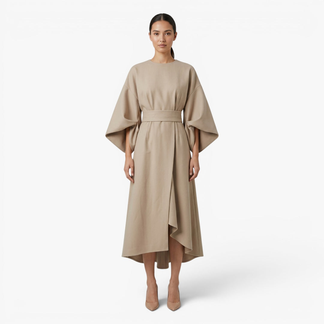 Women’s Wide Sleeve Midi Dress with Elegant Draped Fit