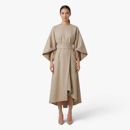 Women’s Wide Sleeve Midi Dress with Elegant Draped Fit