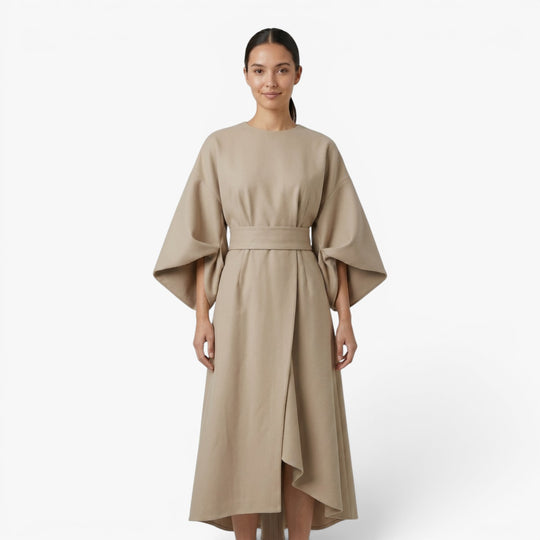 Women’s Wide Sleeve Midi Dress with Elegant Draped Fit