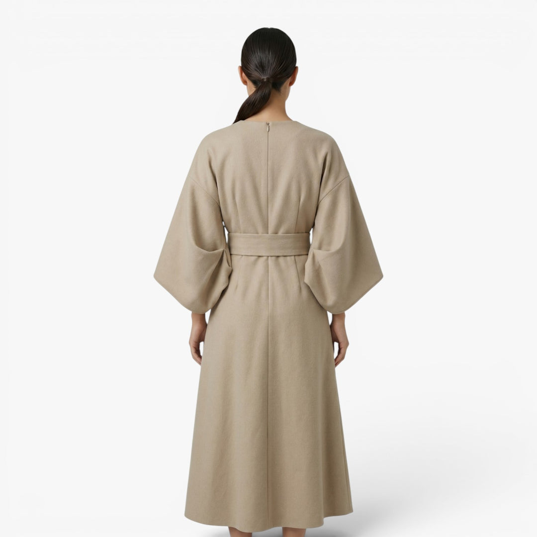 Women’s Wide Sleeve Midi Dress with Elegant Draped Fit