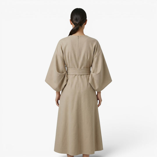 Women’s Wide Sleeve Midi Dress with Elegant Draped Fit