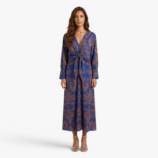 Women's Printed Twist Front Long Sleeve Midi Dress