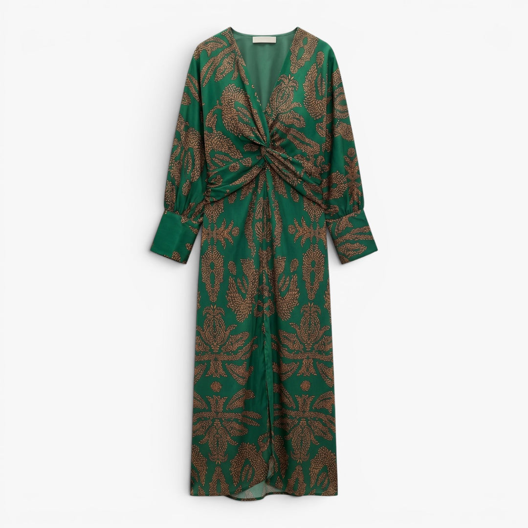 Women's Printed Twist Front Long Sleeve Midi Dress