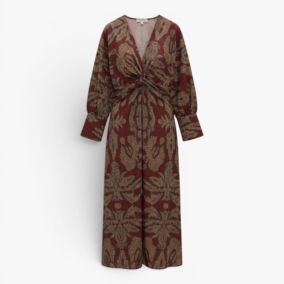 Women's Printed Twist Front Long Sleeve Midi Dress