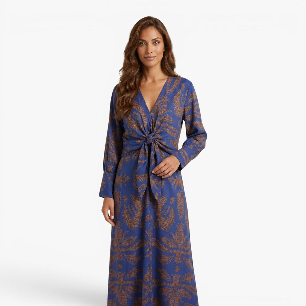 Damen bedrucktes Midi-Kleid mit gedrehtem Vorderteil und langen Ärmeln