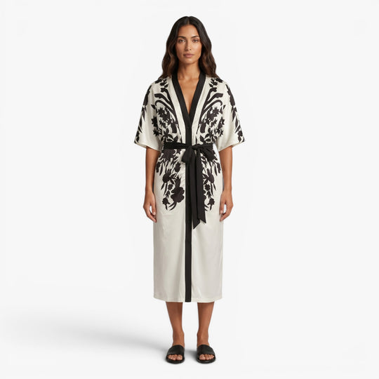 Women's Monochrome Floral Tie-Waist Midi Shirt Dress