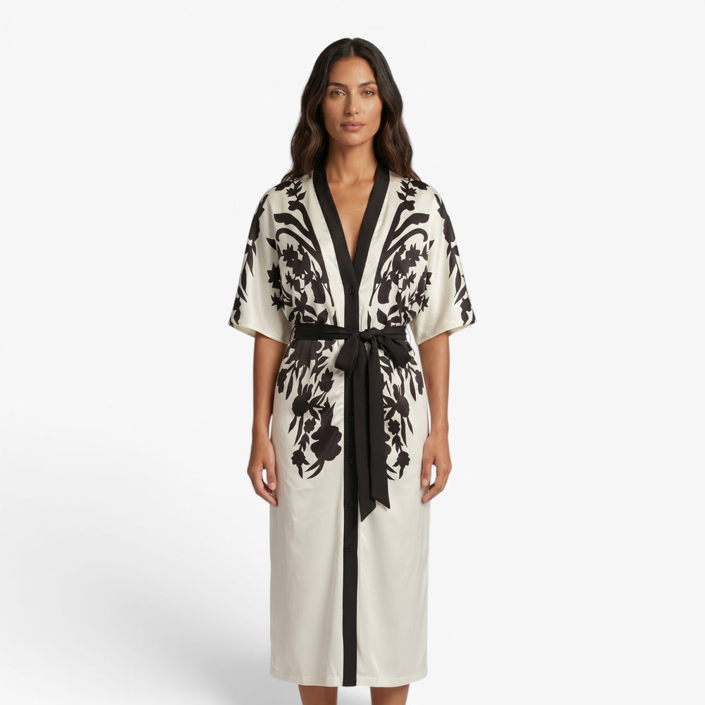 Damen monochromes Midi-Hemdkleid mit floralem Muster und Taillengürtel