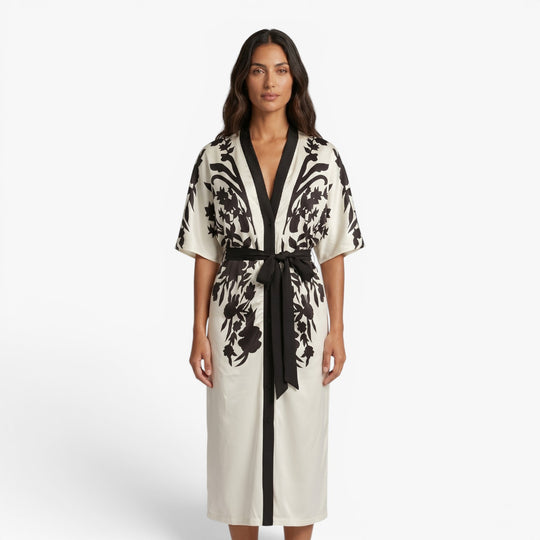 Women's Monochrome Floral Tie-Waist Midi Shirt Dress