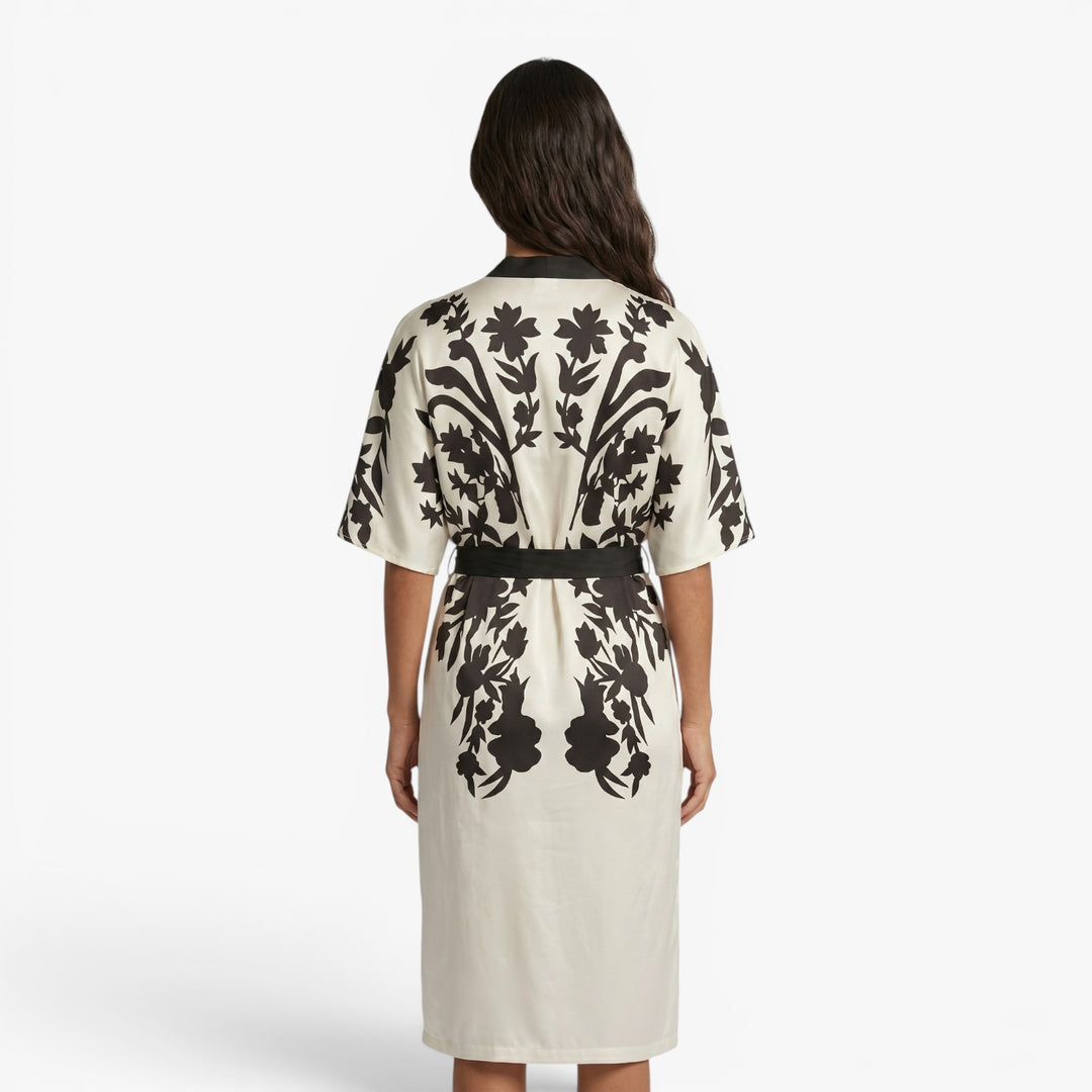 Women's Monochrome Floral Tie-Waist Midi Shirt Dress