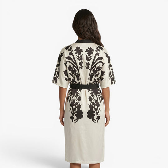 Women's Monochrome Floral Tie-Waist Midi Shirt Dress