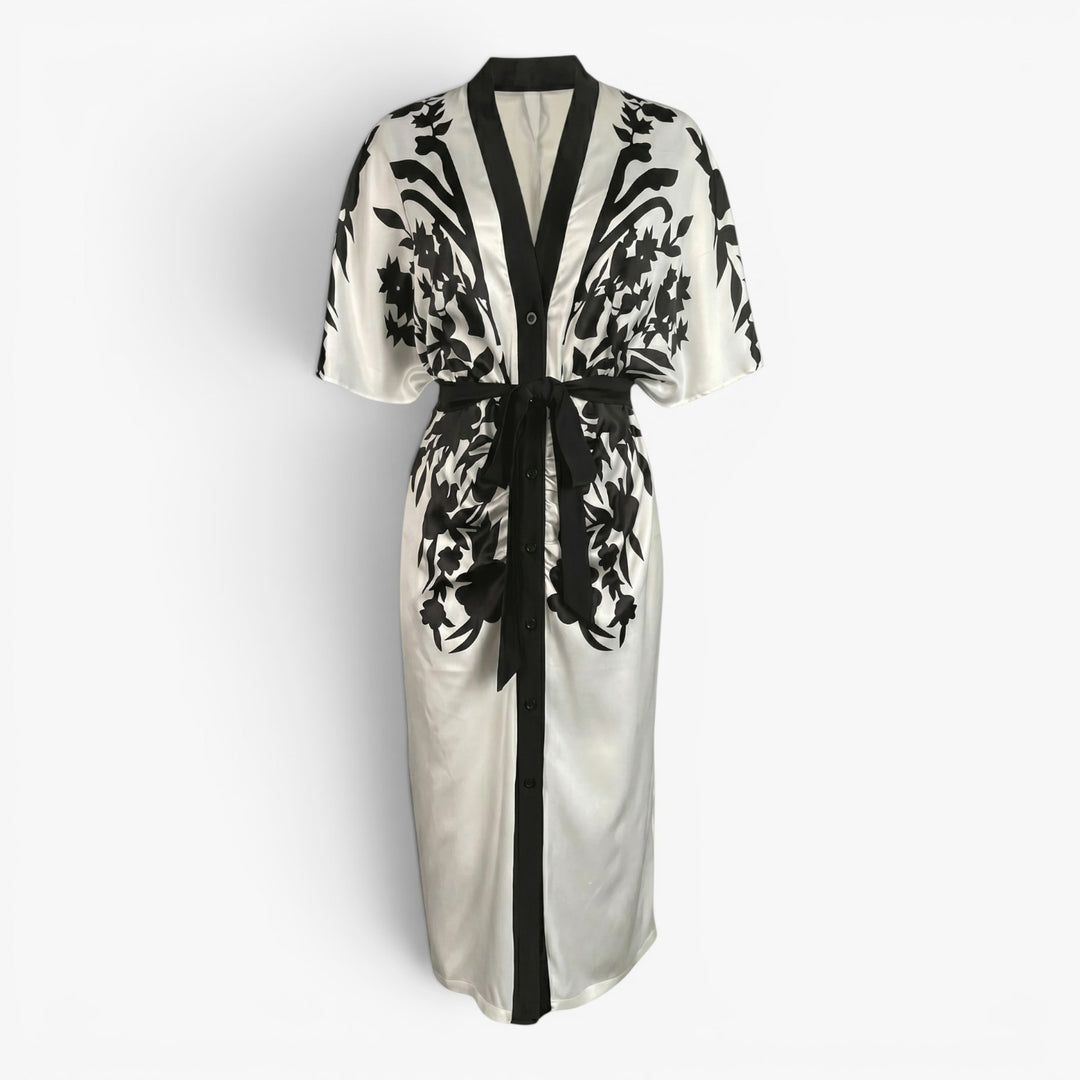 Women's Monochrome Floral Tie-Waist Midi Shirt Dress