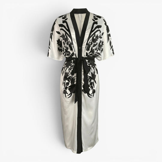 Women's Monochrome Floral Tie-Waist Midi Shirt Dress