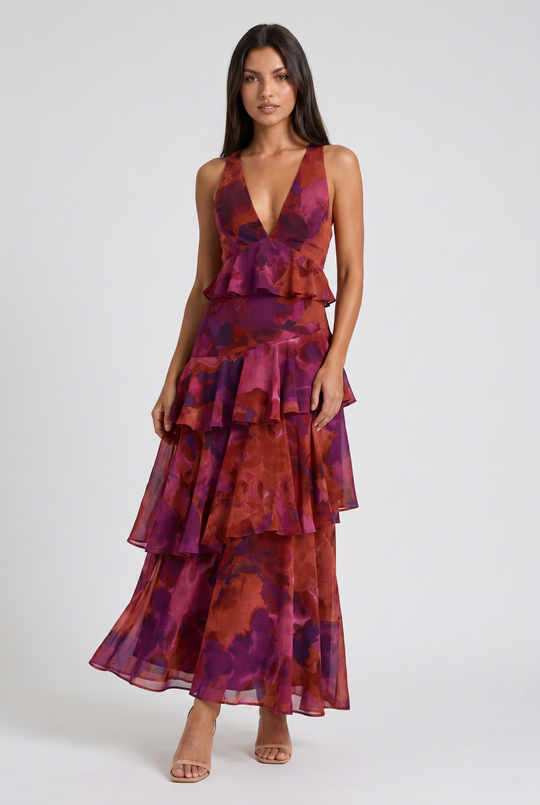 Women's Abstract Print Tiered Midi Dress with Deep V-Neck