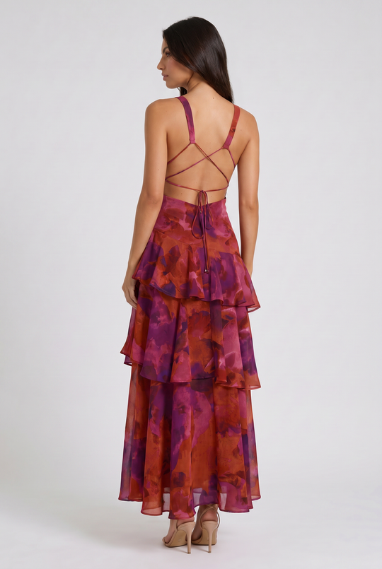Women's Abstract Print Tiered Midi Dress with Deep V-Neck