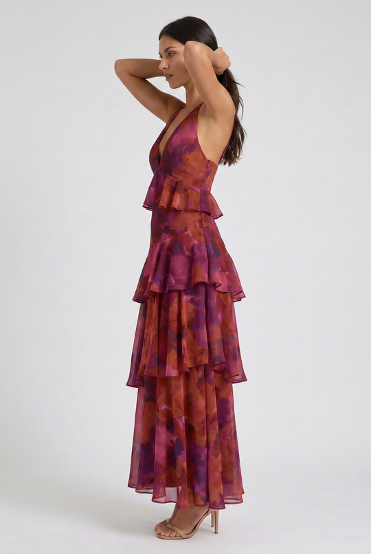Women's Abstract Print Tiered Midi Dress with Deep V-Neck