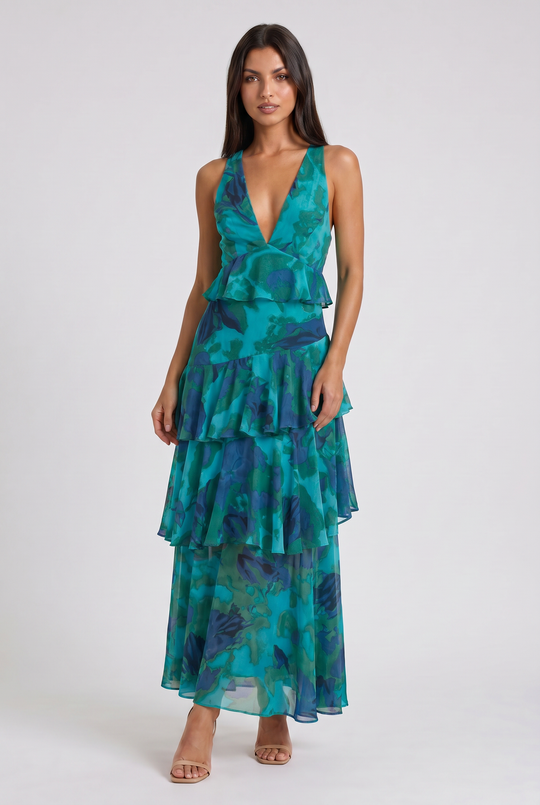 Women's Abstract Print Tiered Midi Dress with Deep V-Neck