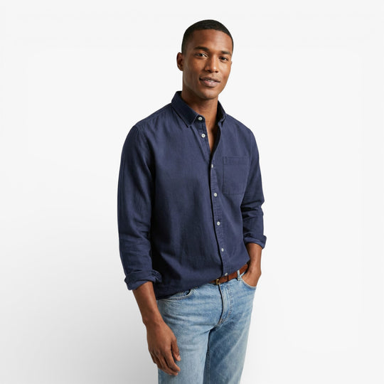 Navy Blue Long-Sleeve Button-Down Shirt for Men