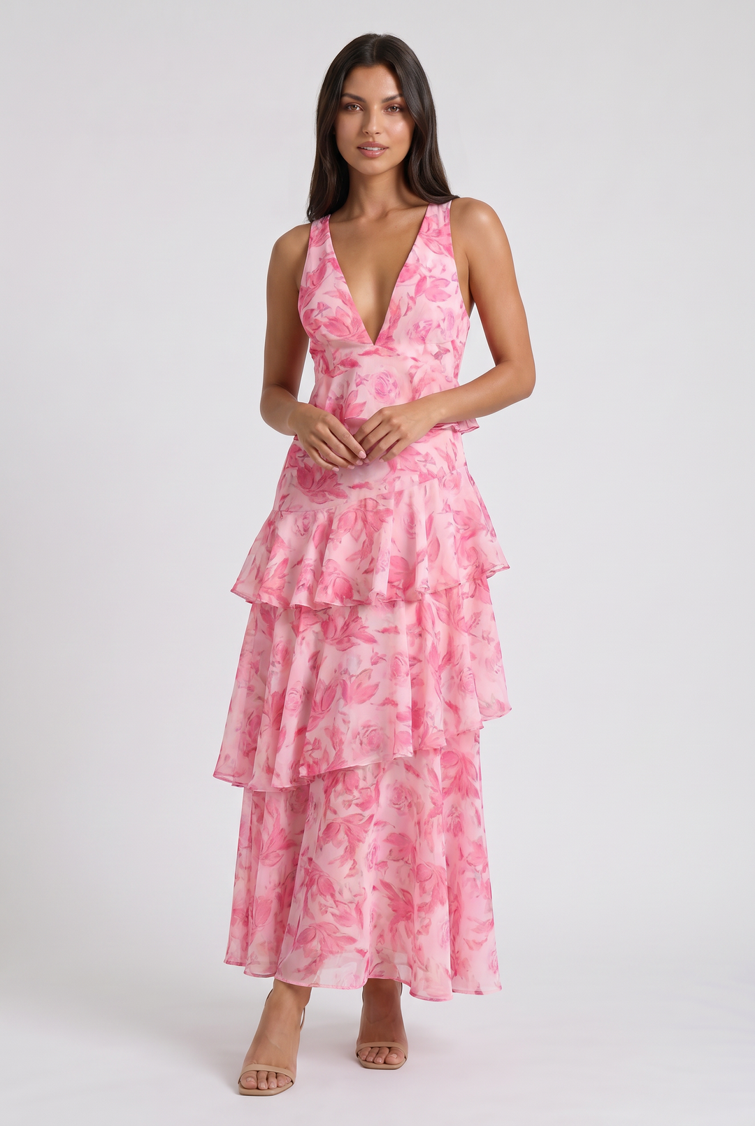 Women's Abstract Print Tiered Midi Dress with Deep V-Neck