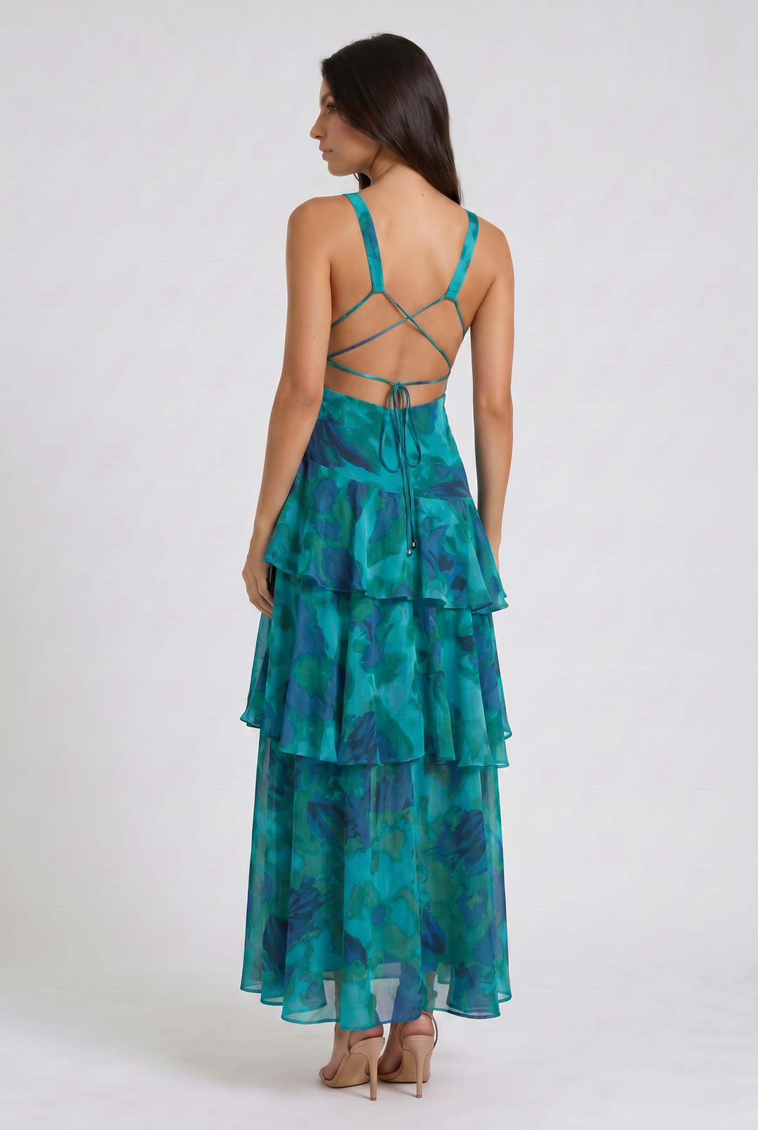 Women's Abstract Print Tiered Midi Dress with Deep V-Neck