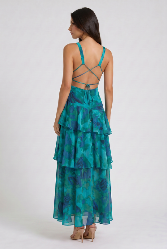 Women's Abstract Print Tiered Midi Dress with Deep V-Neck
