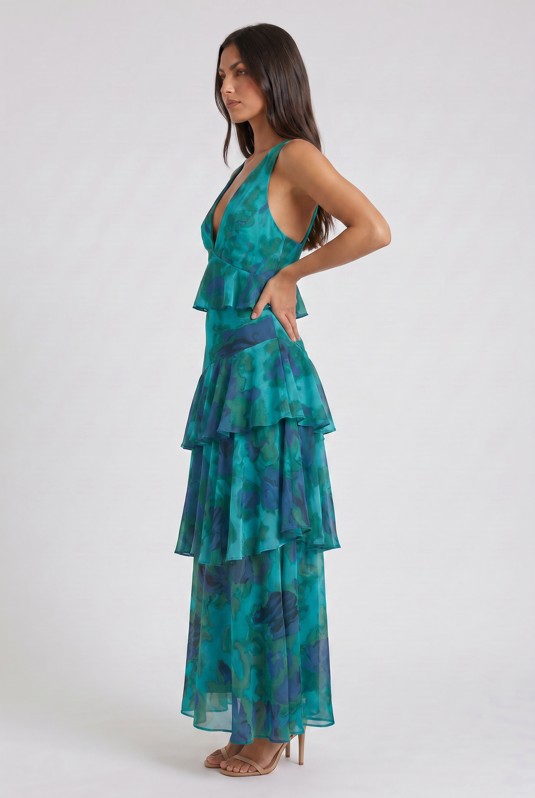 Women's Abstract Print Tiered Midi Dress with Deep V-Neck
