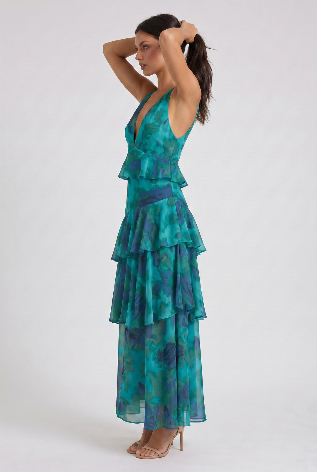 Women's Abstract Print Tiered Midi Dress with Deep V-Neck