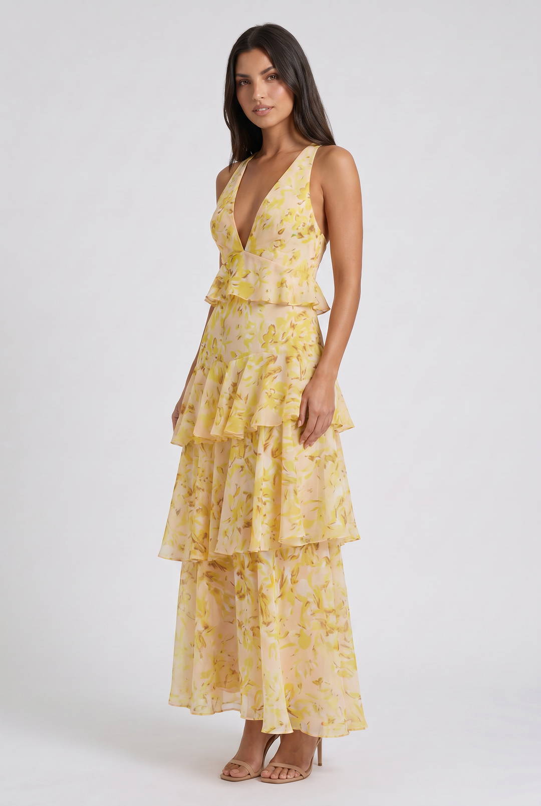 Women's Abstract Print Tiered Midi Dress with Deep V-Neck